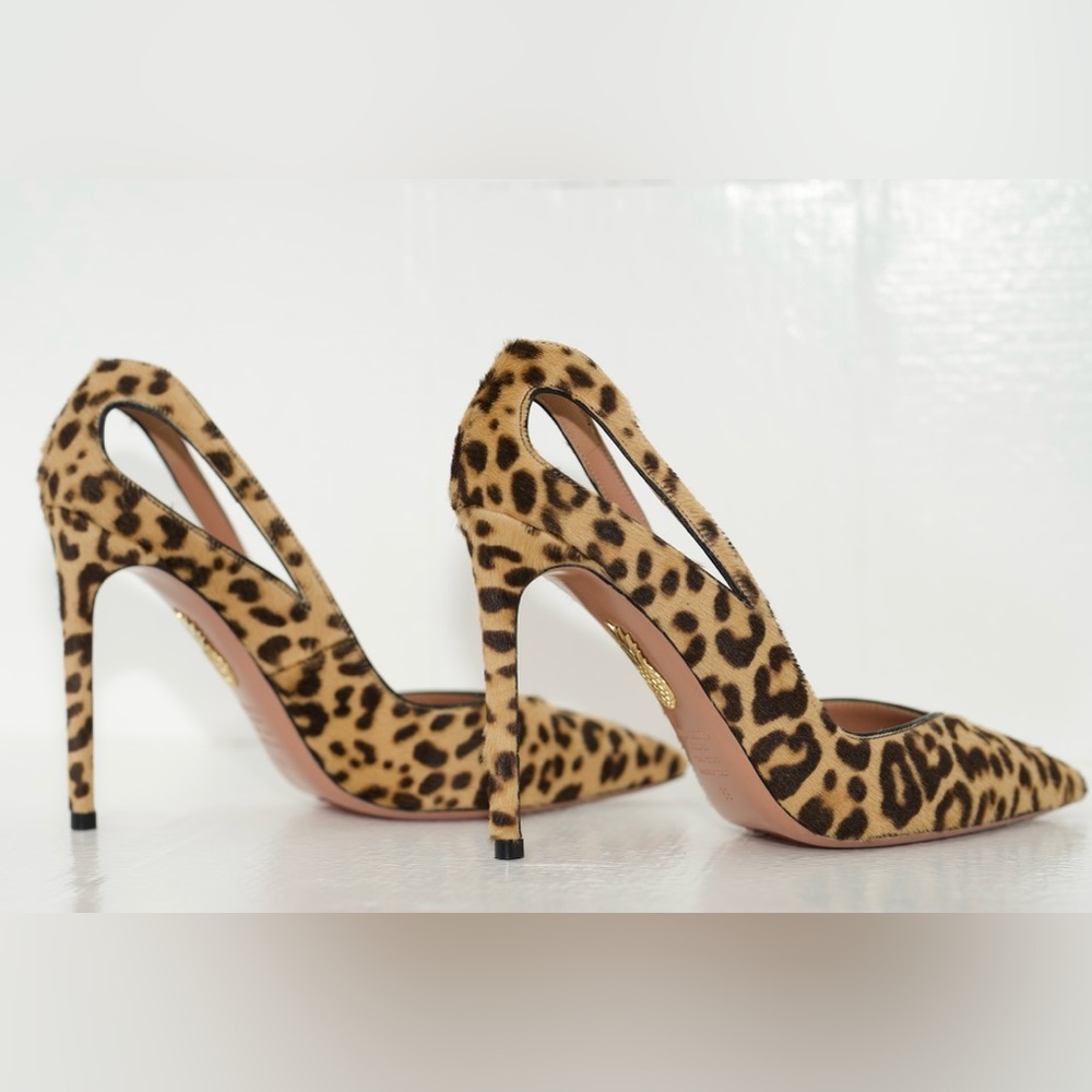 Aquazzura Sheeva Leopard Natural Pony Hair Print Cut-Out Heels 105mm Size 39 NEW - Picture 10 of 16